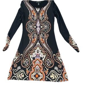 INC International Concepts Shift Dress Medium Black Colorful‎ Artsy Stretch Boho